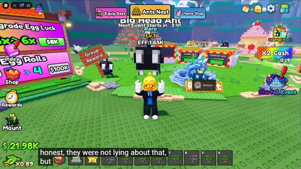 Big Head Ant purchase at 8:17 displays Rare rarity, level 1 and EFF 1.65K. This crop keeps the gameplay area and removes the surrounding YouTube page.