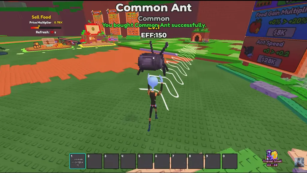 Real game Common Ant purchase screen showing Common rarity, EFF 150 and a level 1 Common Ant in the inventory
