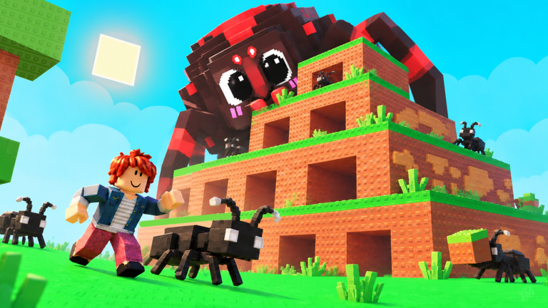 Official Build An Ant Empire Roblox cover showing a red ant, a colony mound and a player