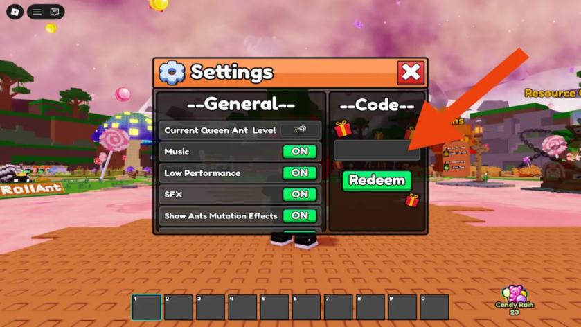 Build an Ant Empire Settings panel: the Code input is on the right, above the green Redeem button